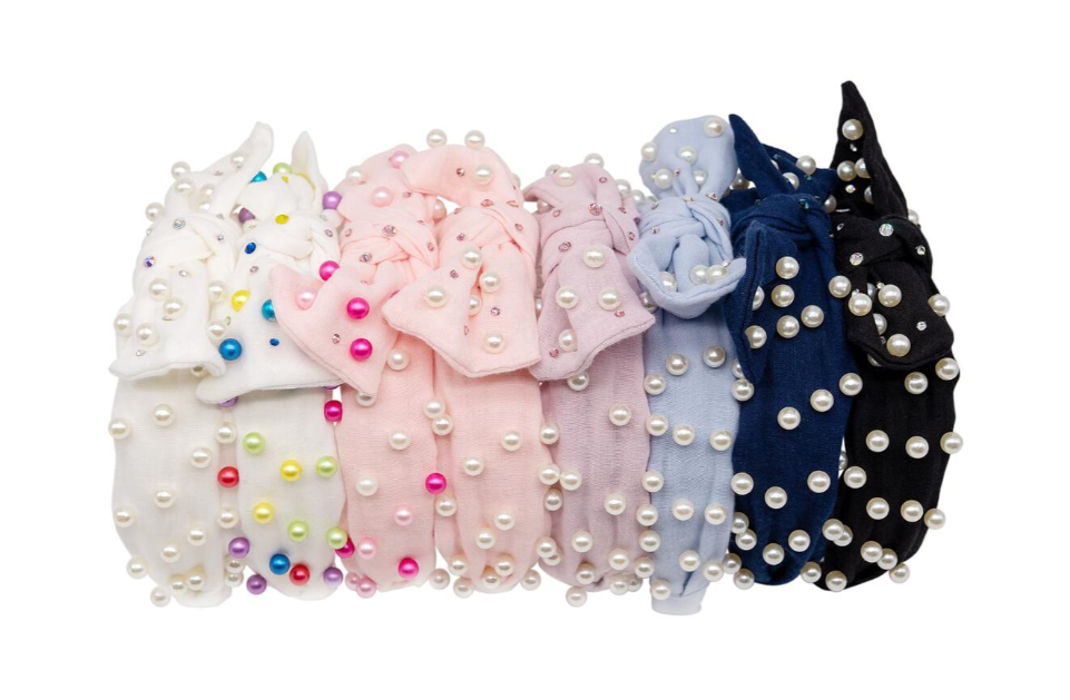 White Fully Stoned & Pearled Tie Knot Headband – SBT Stitches display picture 3