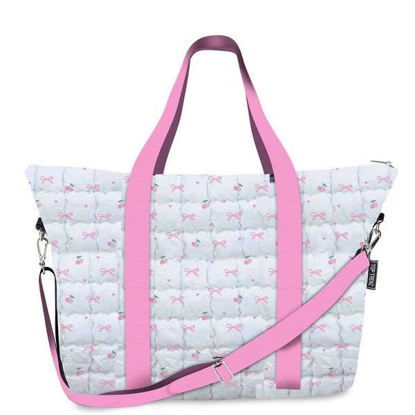 White Scrunchie Puffer Tote with Cherry and Bow Pattern