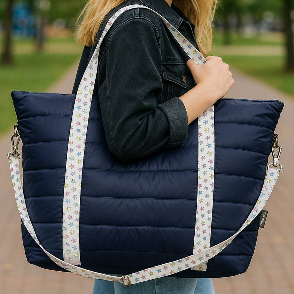 Navy Puffer Tote with Rainbow Star Strap