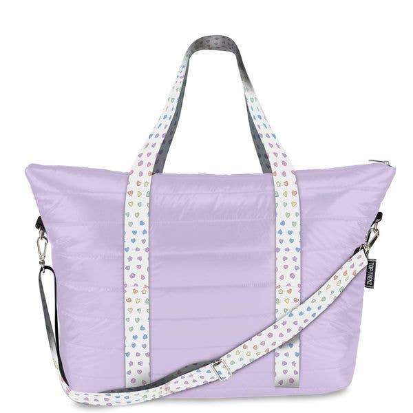 Purple Puffer Tote with Rainbow heart Straps