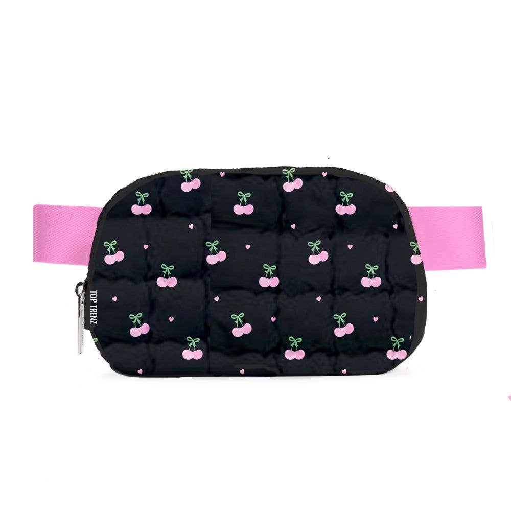 Black Scrunchie Puffer Belt Bag with Cherry Pattern