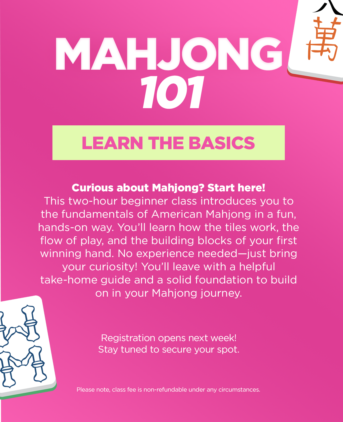 Mahjong 101 & 102 I Classes on Sept. 15th & 16th