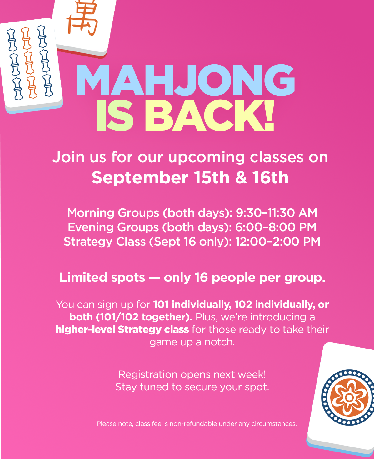 Mahjong 101 & 102 I Classes on Sept. 15th & 16th