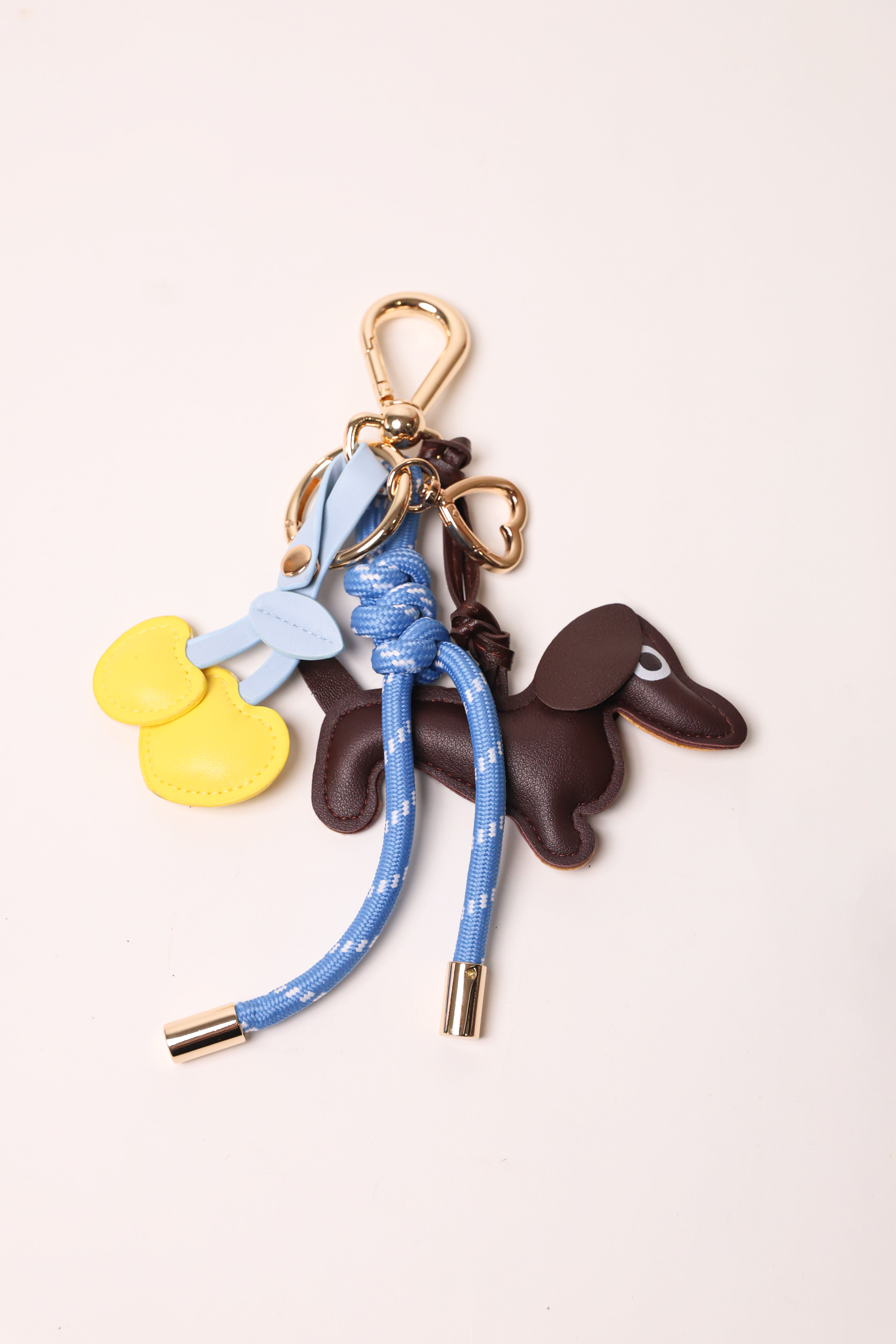 Blue 2 Bag Charm - Key Chain Blue / Espresso Dog / Yellow Heart Cherries