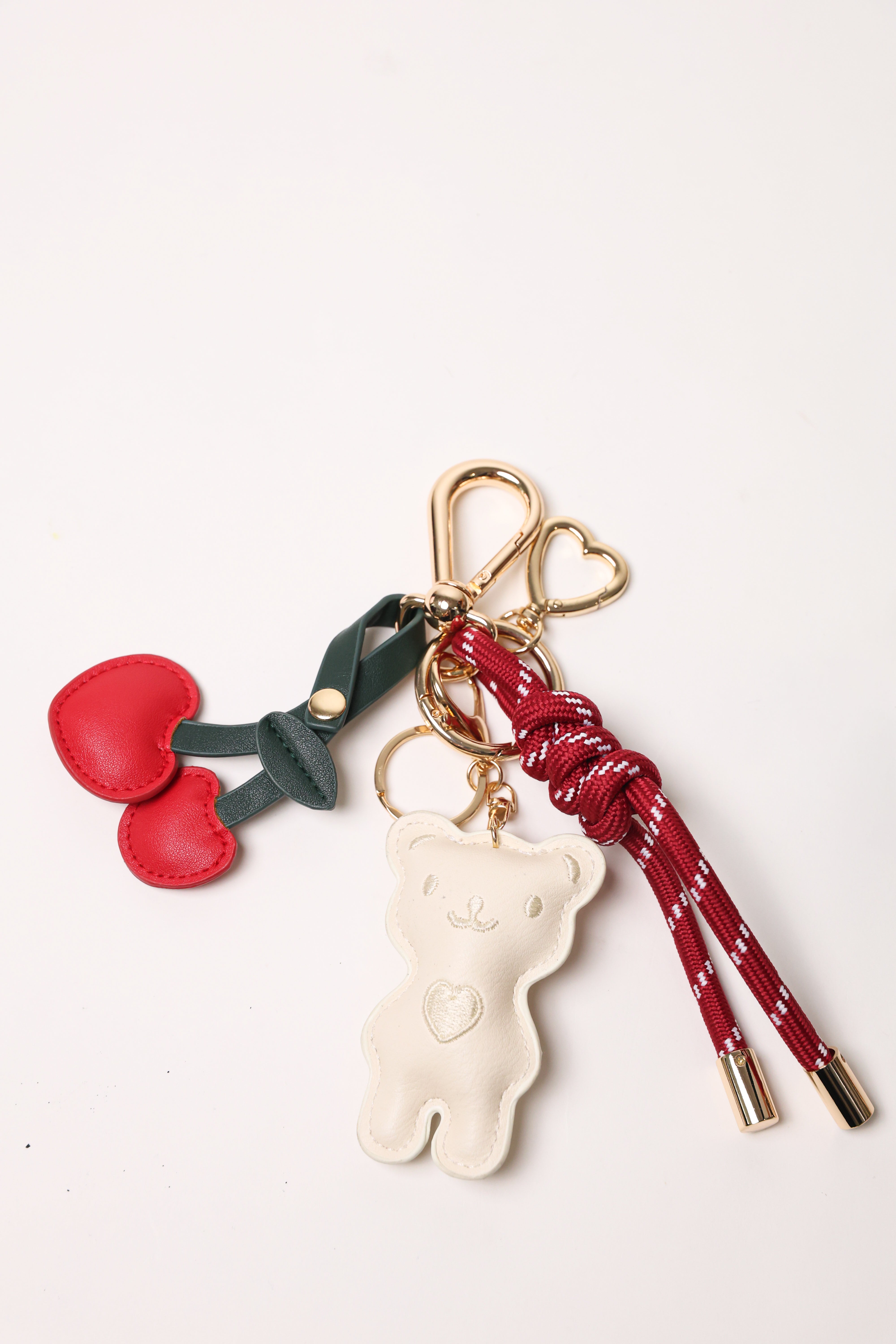 Burgundy 2 Bag Charm - Key Chain Burgundy / White Teddy / Red Heart Cherries