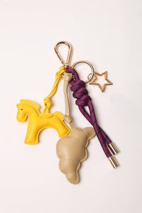 Eggplant 1 Bag Charm - Key Chain Eggplant / Beige Croissant / Yellow Horse