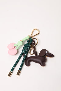 Emerald 2 Bag Charm - Key Chain Emerald / Espresso Dog  Pink Heart Cherries