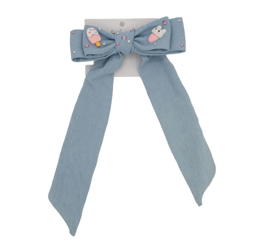 Crystallized Charm Denim Tail Bow Scrunchies