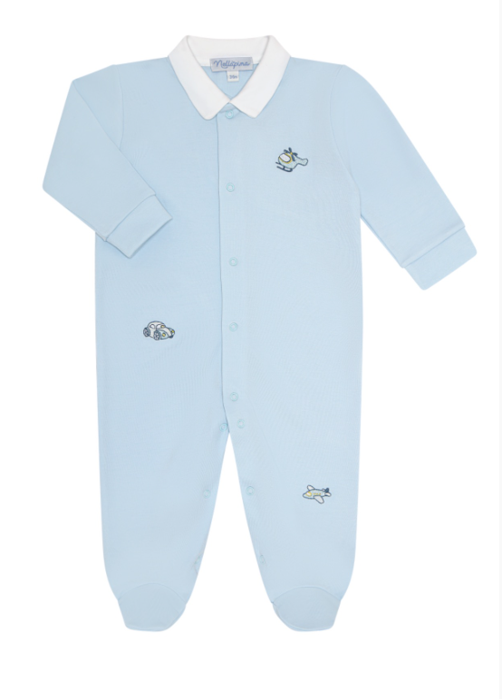 Mini Voyages Embroidery Snap Blue Footie