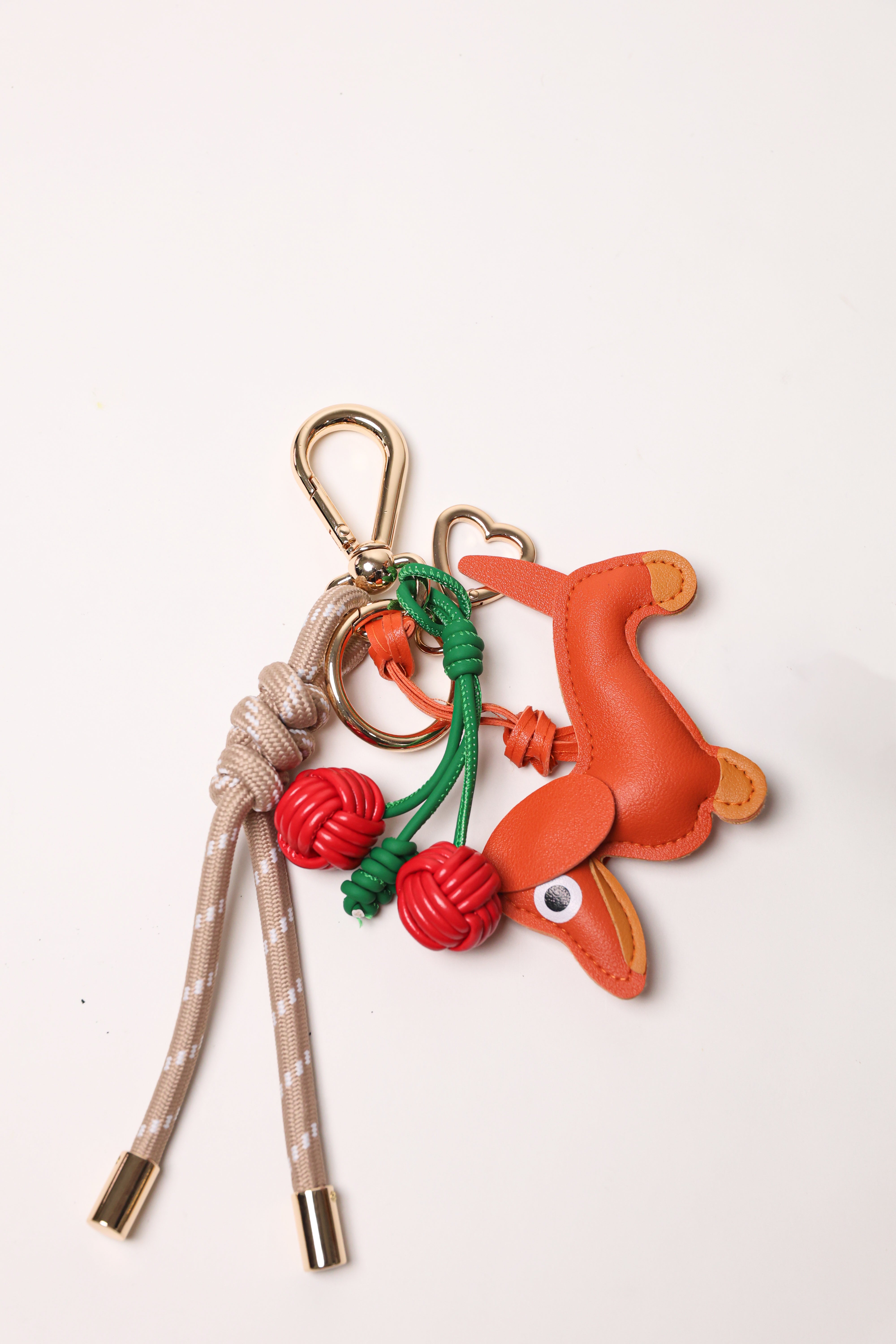 Taupe 2 Bag Charm - Key Chain Taupe / Red Cherries / Orange Dog