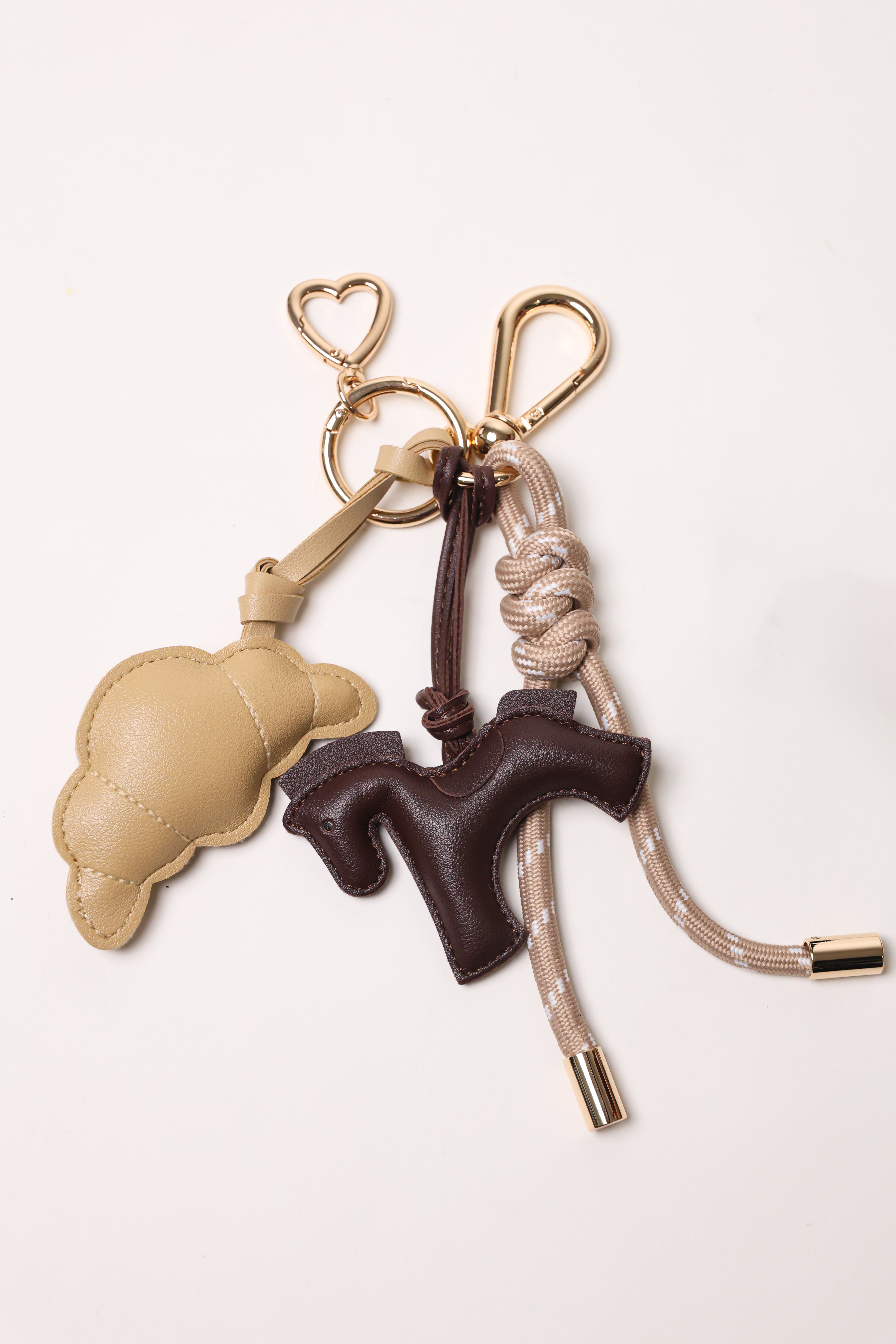 Taupe 3 Bag Charm - Key Chain Taupe / Beige Croissant / Espresso Horse