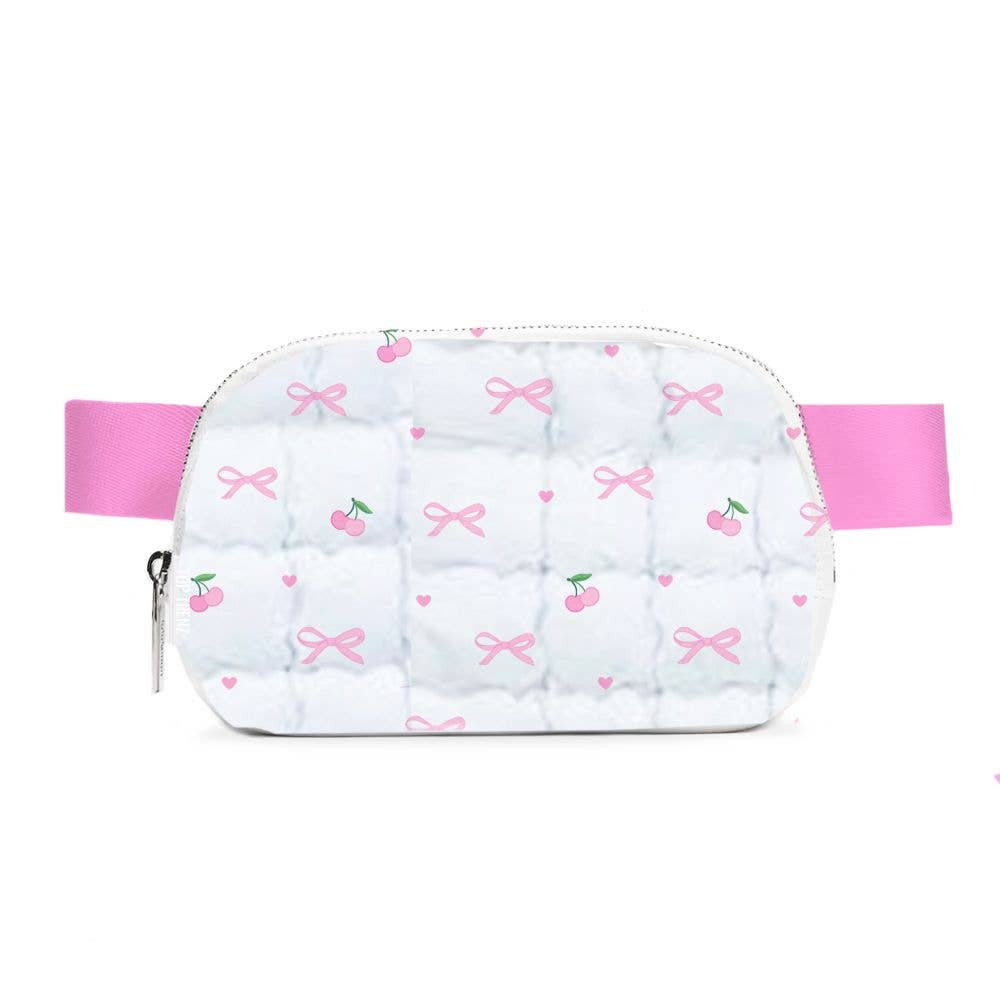 White Scrunchie Puffer Belt Bag with Bow Pattern