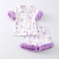 Girls Summer Lavender Butterfly Print Soft Fur Pajamas Set