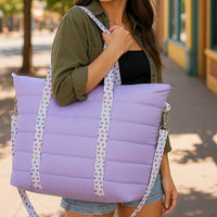 Purple Puffer Tote with Rainbow heart Straps