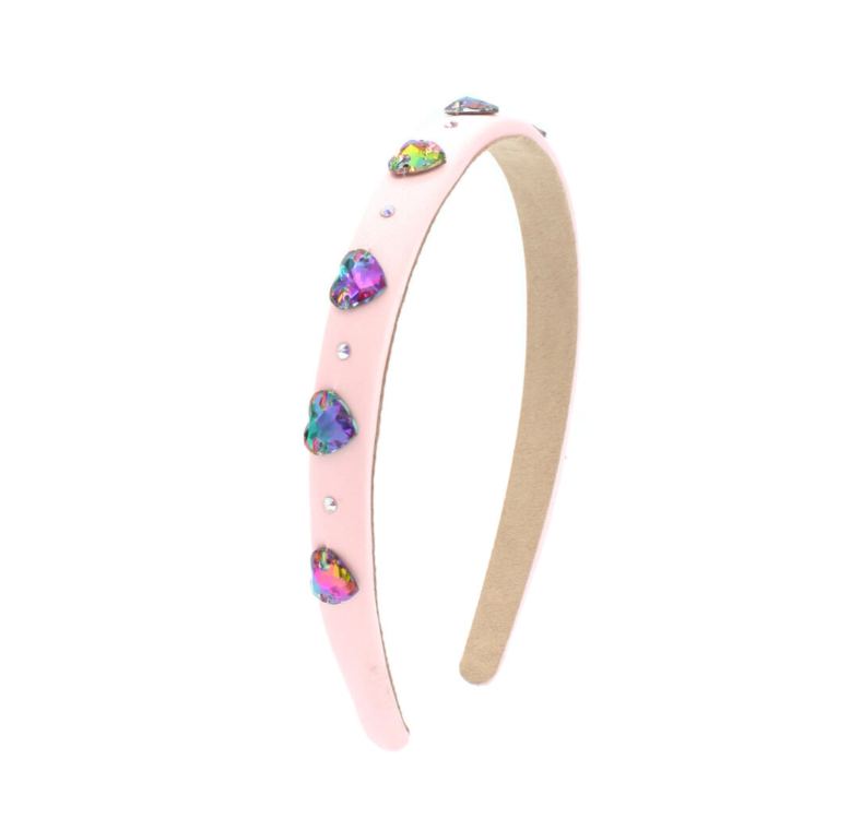 Pink Thin Satin Headband w/ Jeweled Hearts