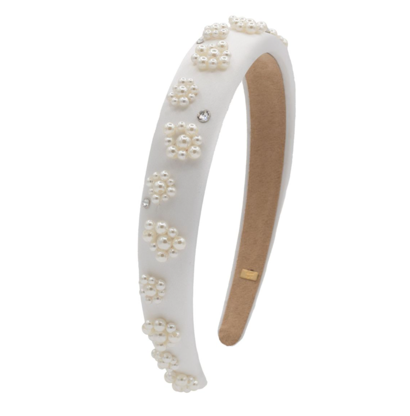 White Crystallized Flower Pearl Satin Headband