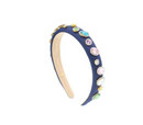 Navy Satin Thin Jeweled Padded Headband