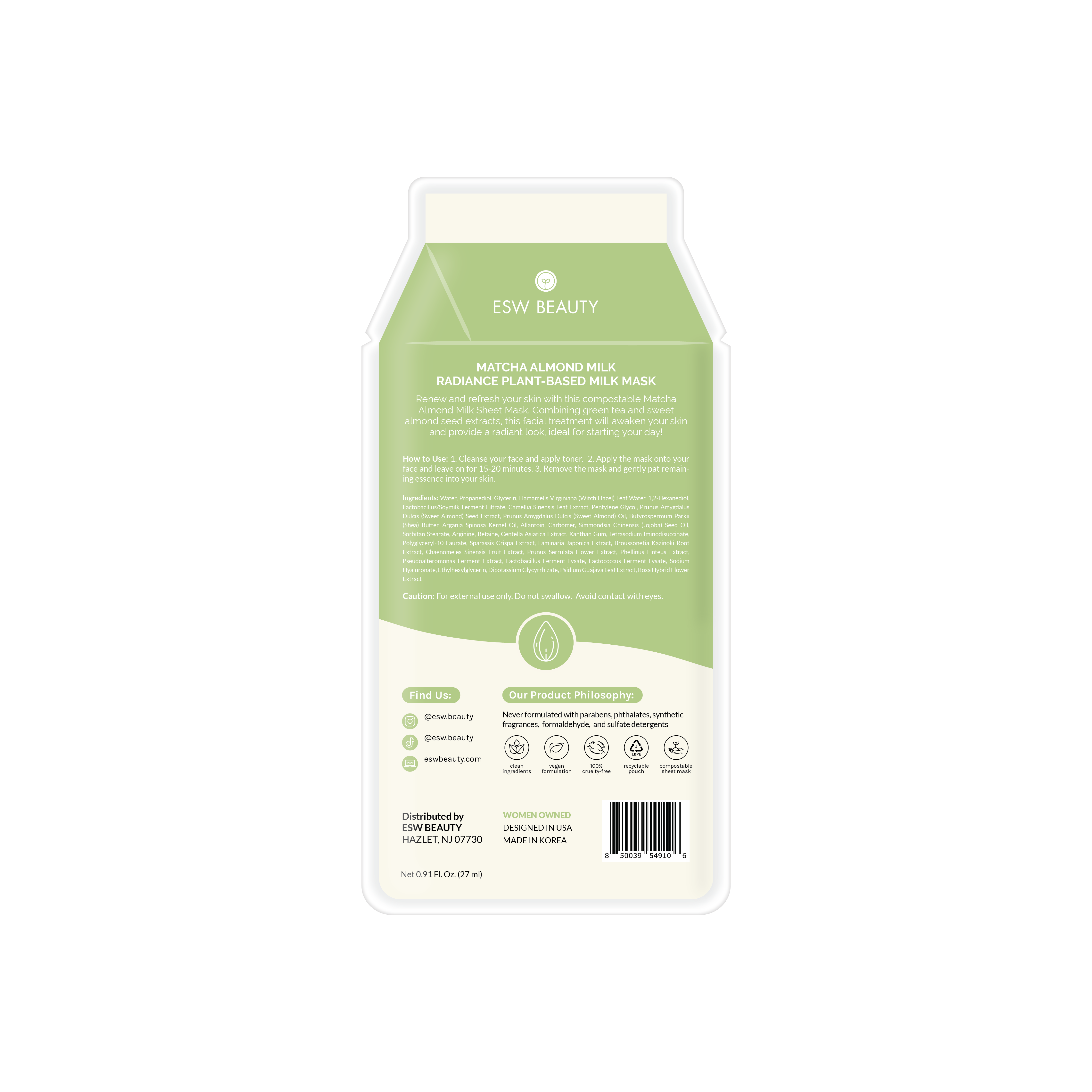 Matcha Almond Milk Radiance Plant-Based Milk Sheet Mask: With Peg Hole