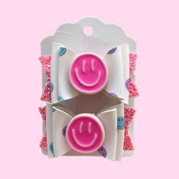 Pink Happy Face Bow Set